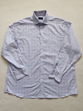 Proper Cloth Custom Dress Shirt Men 16 34 Purple Light Blue Plaid Check 100% Cot